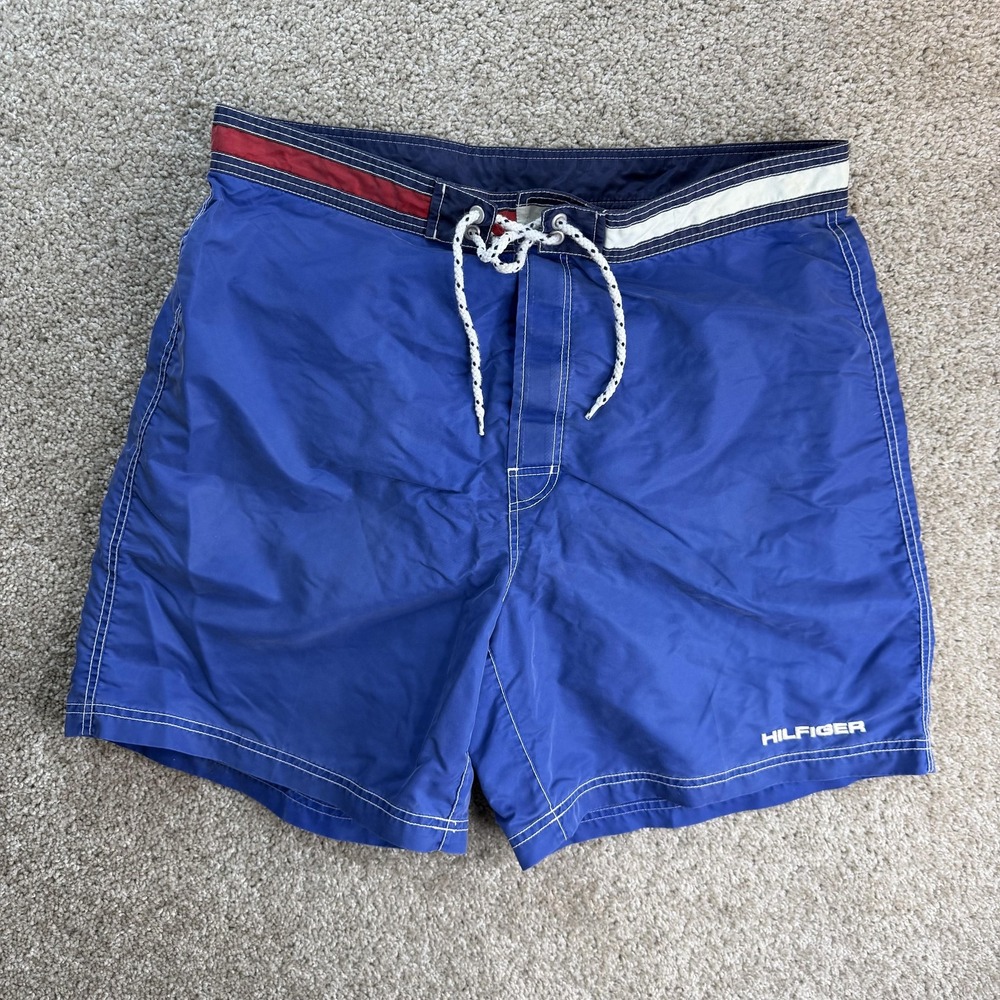 Y2K Tommy Hilfiger Swim Shorts Mens XL Blue Mesh Lined Boardshorts Trunks Beach